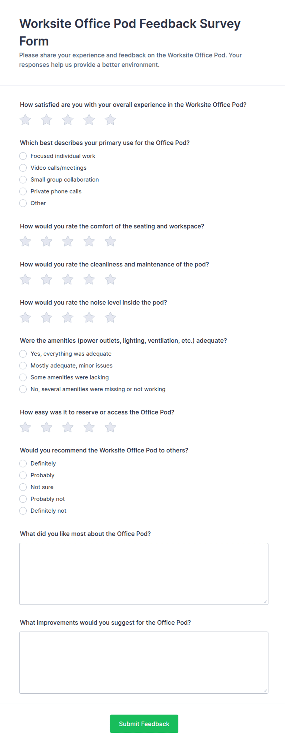 Worksite Office Pod Feedback Survey Form Template | Jotform