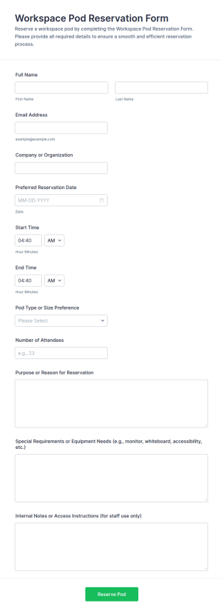 Workspace Pod Reservation Form Template