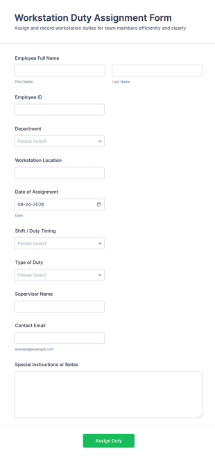 Workstation Duty Assignment Form Template