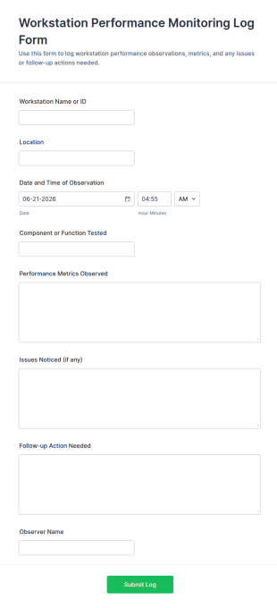 Workstation Performance Monitoring Log Form Template