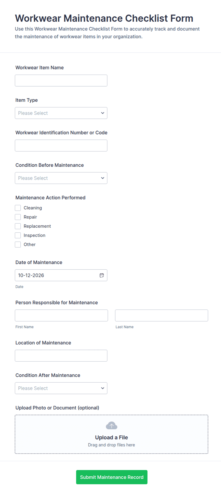 Workwear Maintenance Checklist Form Template | Jotform