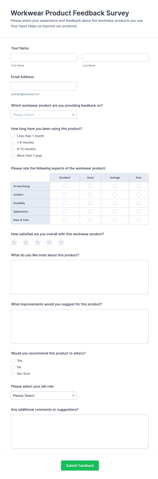 Workwear Product Feedback Survey Form Template
