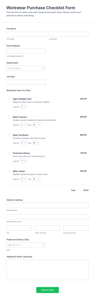 Workwear Purchase Checklist Form Template