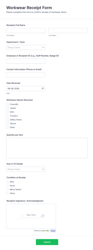 Workwear Receipt Form Template