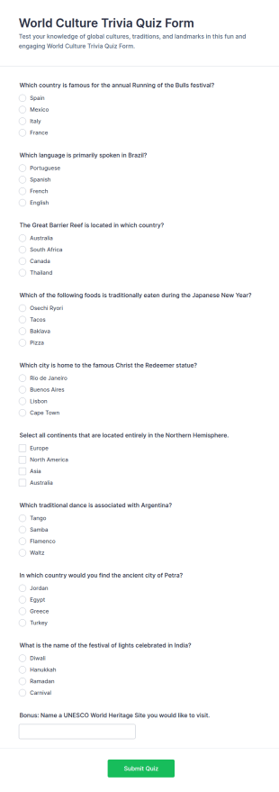 World Culture Trivia Quiz Form Template