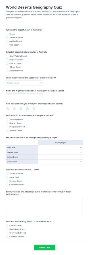 World Deserts Geography Quiz Form Template