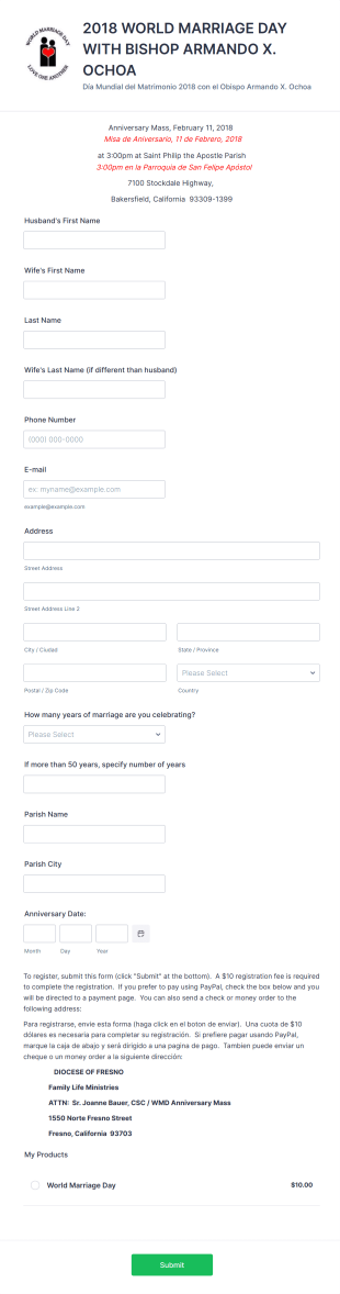 World Marriage Day Anniversary Mass Registration Form Template