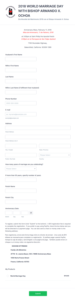 World Marriage Day Anniversary Mass Registration Form Template
