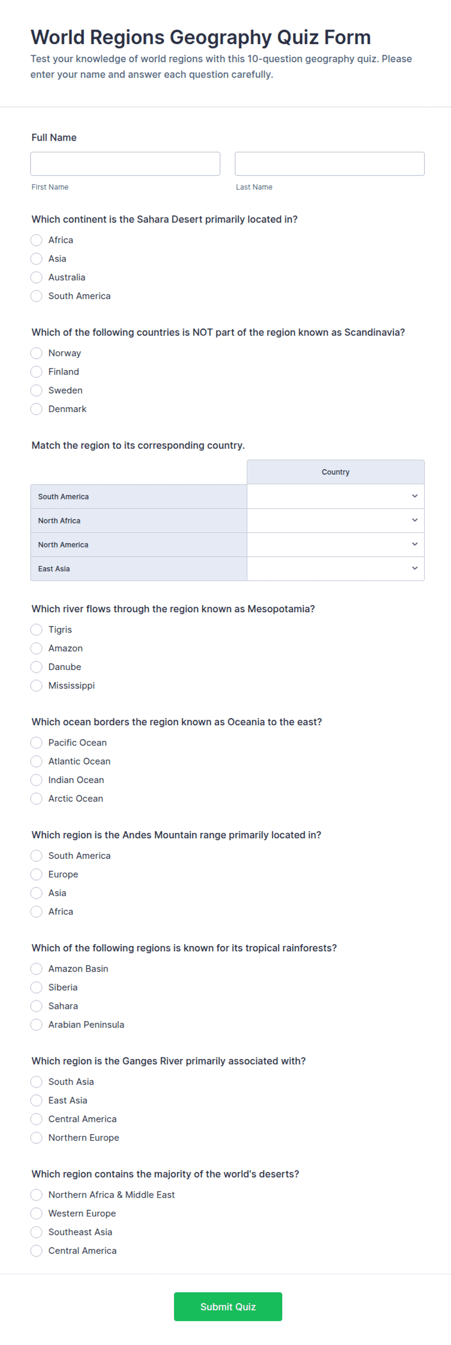 World Regions Geography Quiz Form Template | Jotform