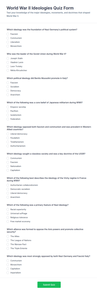 World War II Ideologies Quiz Form Template