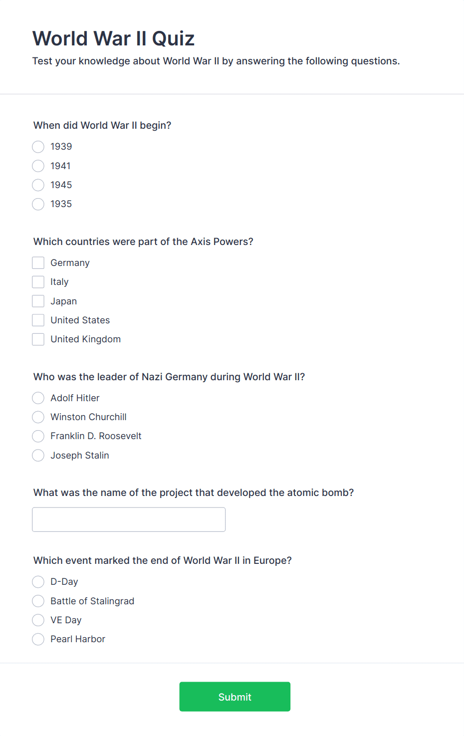 World War II Quiz Form Template | Jotform
