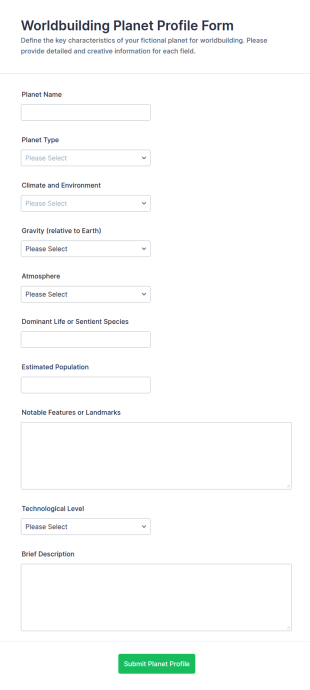 Worldbuilding Planet Profile Form Template