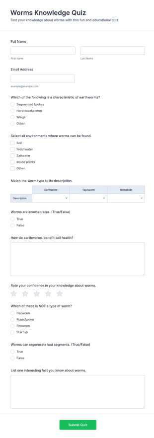 Worms Knowledge Quiz Form Template