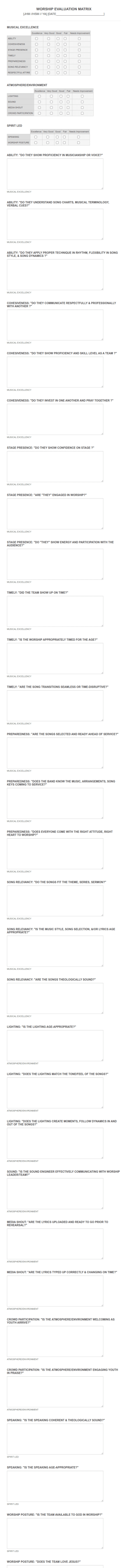 Worship Evaluation Form Template