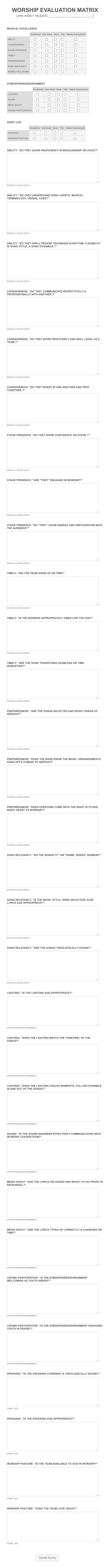 Worship Evaluation Form Template