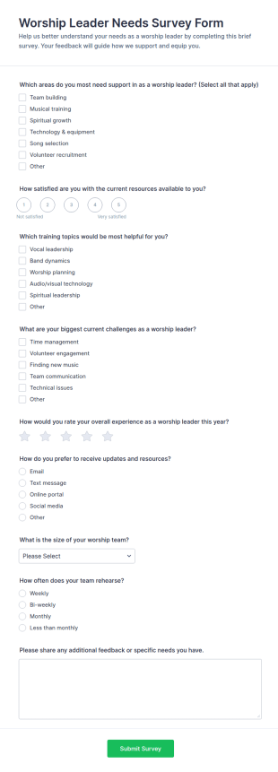 Worship Leader Needs Survey Form Template