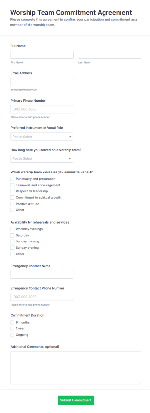 Worship Team Commitment Agreement Form Template