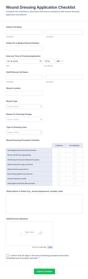 Wound Dressing Application Checklist Form Template