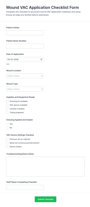 Wound VAC Application Checklist Form Template