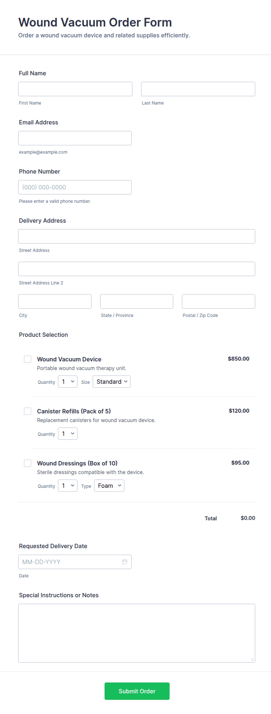 Wound Vacuum Order Form Template | Jotform