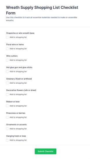 Wreath Supply Shopping List Checklist Form Template
