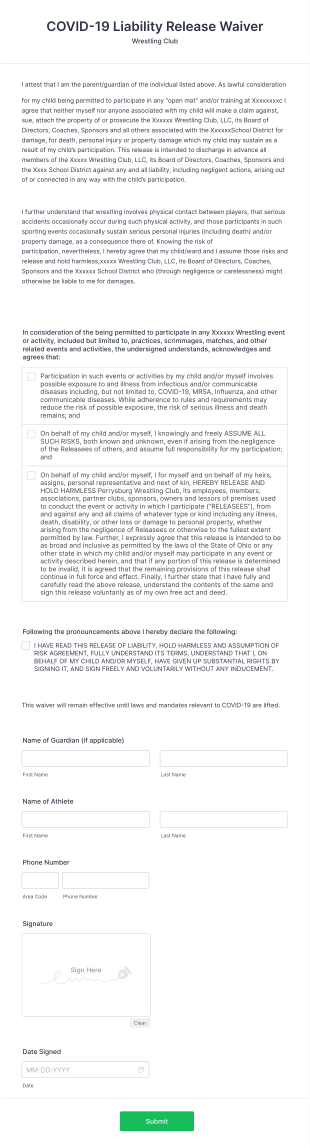 Wrestling Club COVID 19 Liability Waiver Form Template