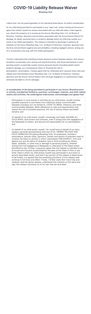 Wrestling Club COVID 19 Liability Waiver Form Template