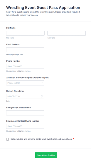 Wrestling Event Guest Pass Application Form Template