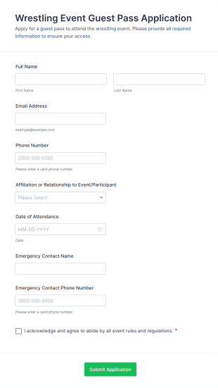 Wrestling Event Guest Pass Application Form Template