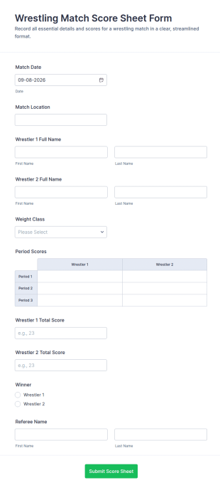 Wrestling Match Score Sheet Form Template