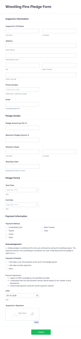 Wrestling Pins Pledge Form Template
