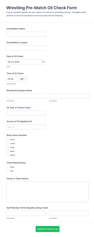 Wrestling Pre Match Oil Check Log Form Template
