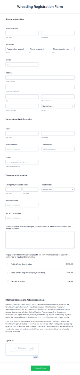 Wrestling Registration Form Template