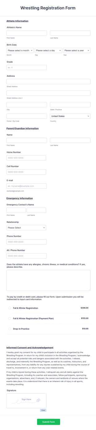 Wrestling Registration Form Template