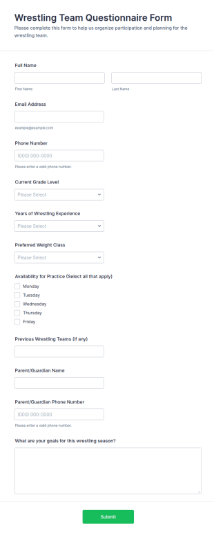 Wrestling Team Questionnaire Form Template