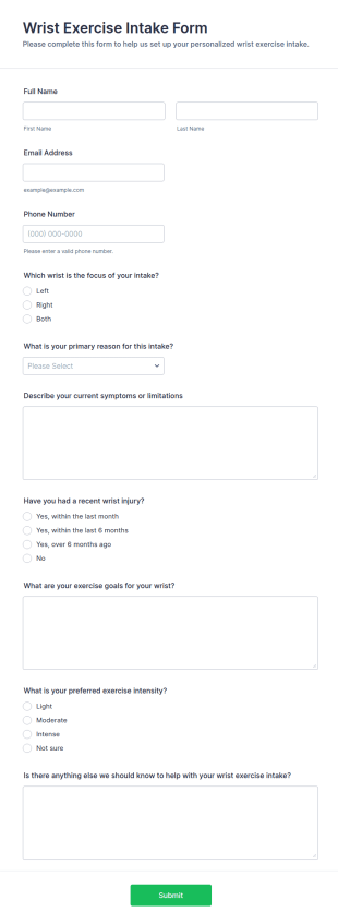 Wrist Exercise Intake Form Template