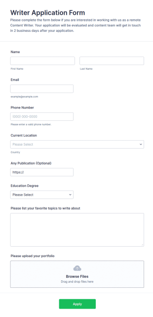 Writer Application Form Template