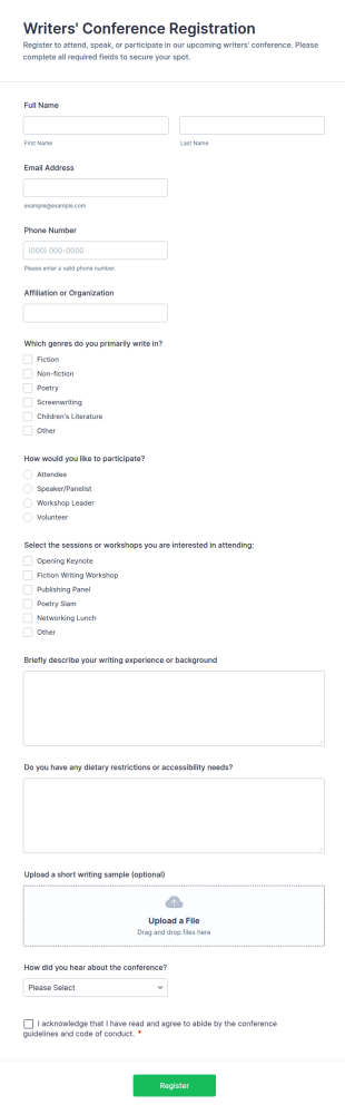 Writers' Conference Registration Form Template