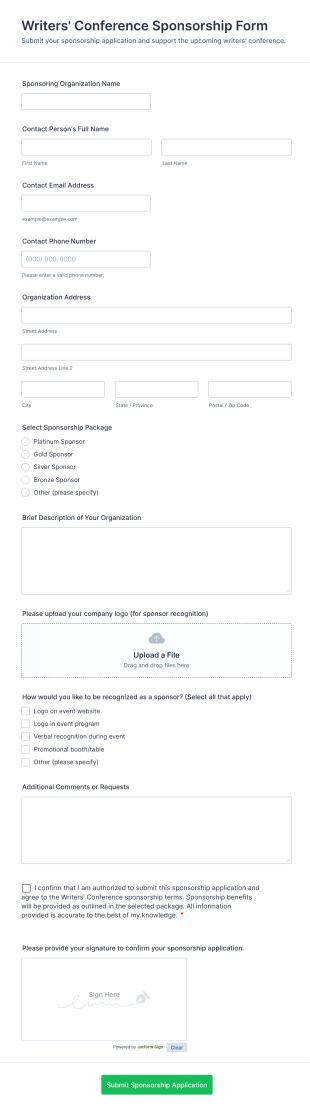 Writers' Conference Sponsorship Form Form Template