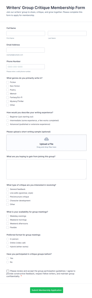Writers' Group Critique Membership Form Template