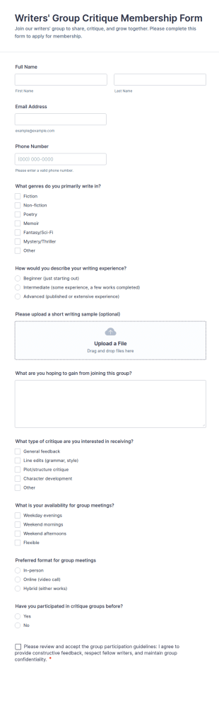 Writers' Group Critique Membership Form Template
