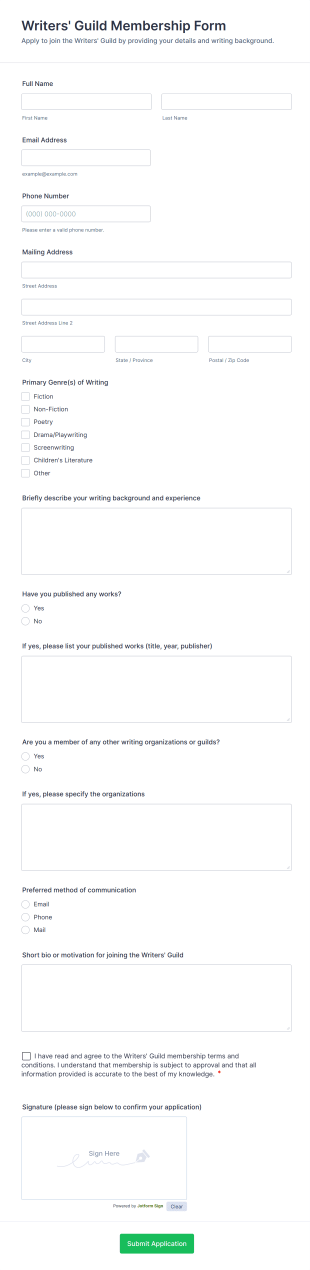 Writers' Guild Membership Form Form Template