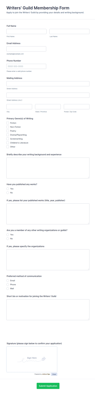 Writers' Guild Membership Form Template