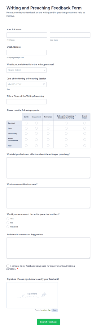 Writing And Preaching Feedback Form Template