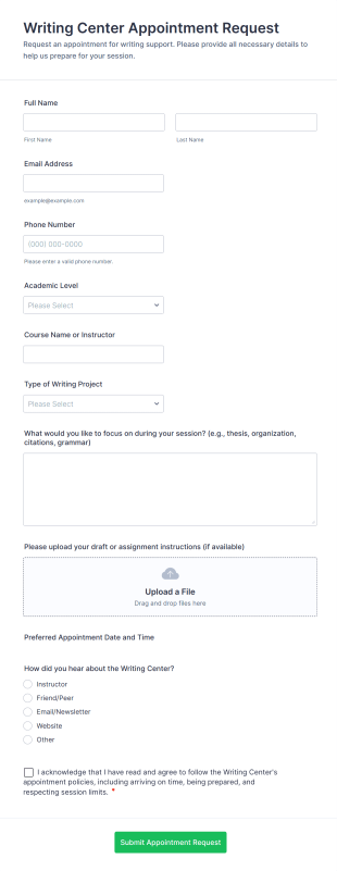 Writing Center Appointment Request Form Template