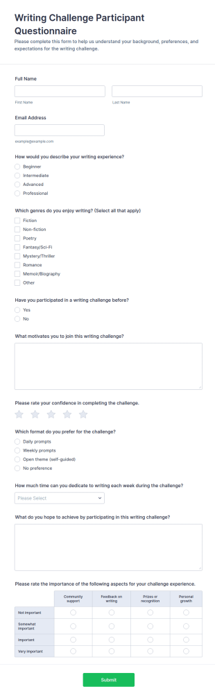 Writing Challenge Participant Questionnaire Form Template
