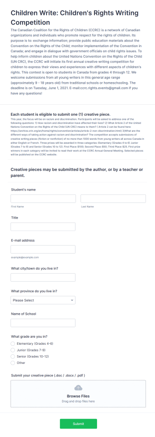 Student Writing Competition Registration Form Template