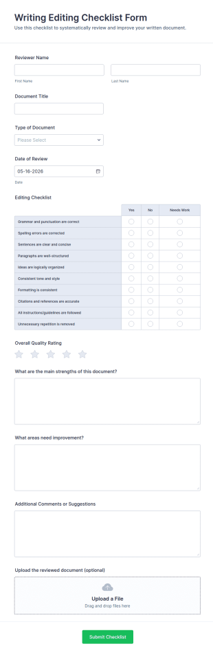 Writing Editing Checklist Form Template