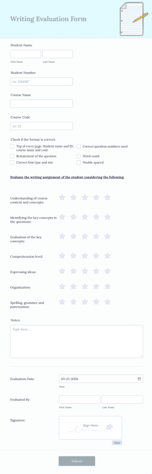 Writing Evaluation Form Template