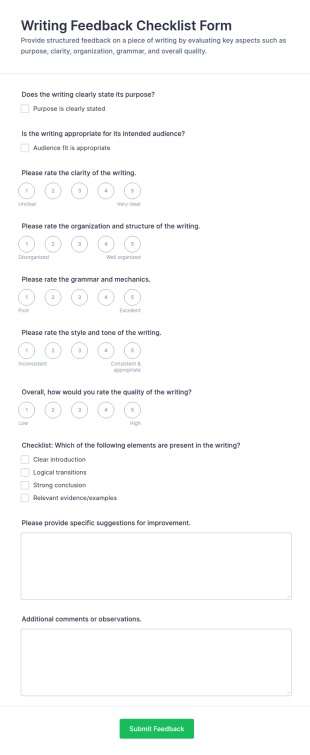 Writing Feedback Checklist Form Template